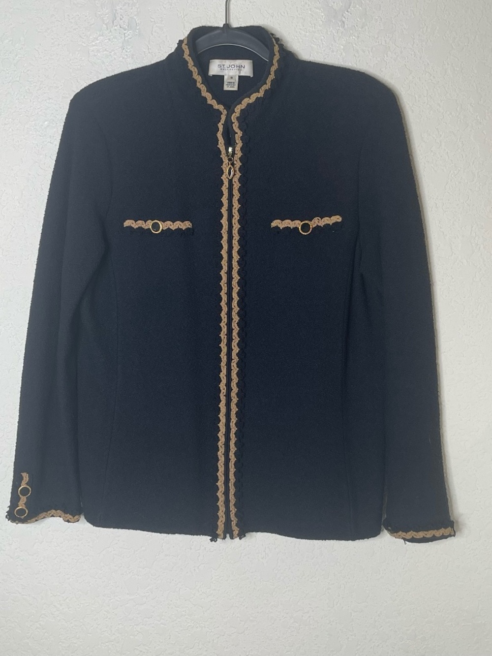 St John Collection Jacket Sz 10 Black Gold Braided Trim Knit Wool Zip Blazer